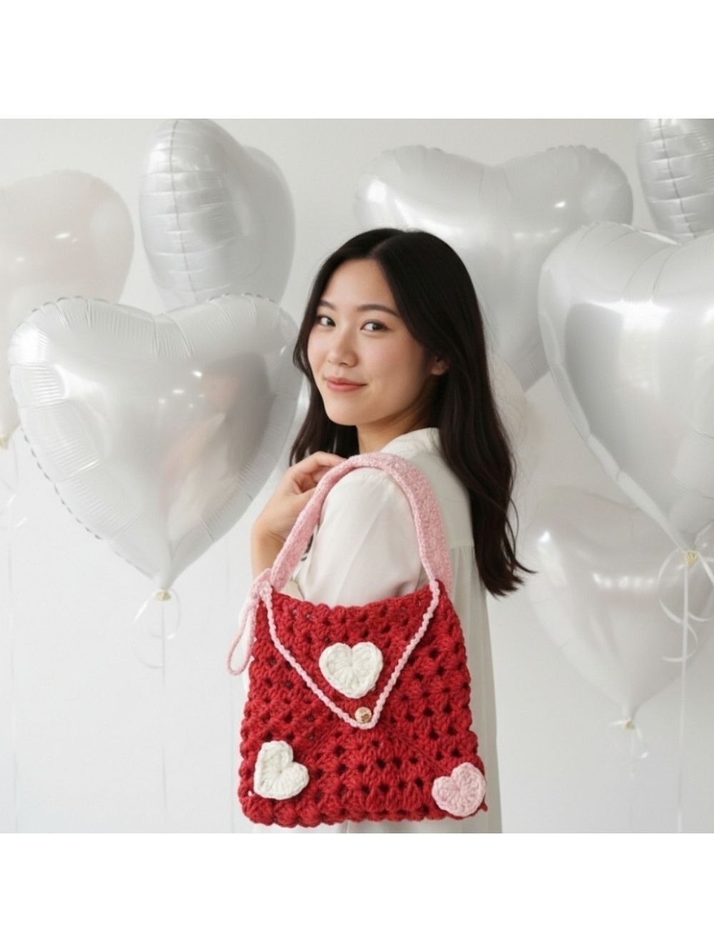 Handmade Granny Square Heart Crochet Handbag Valentine's Day Red Envelope Purse
